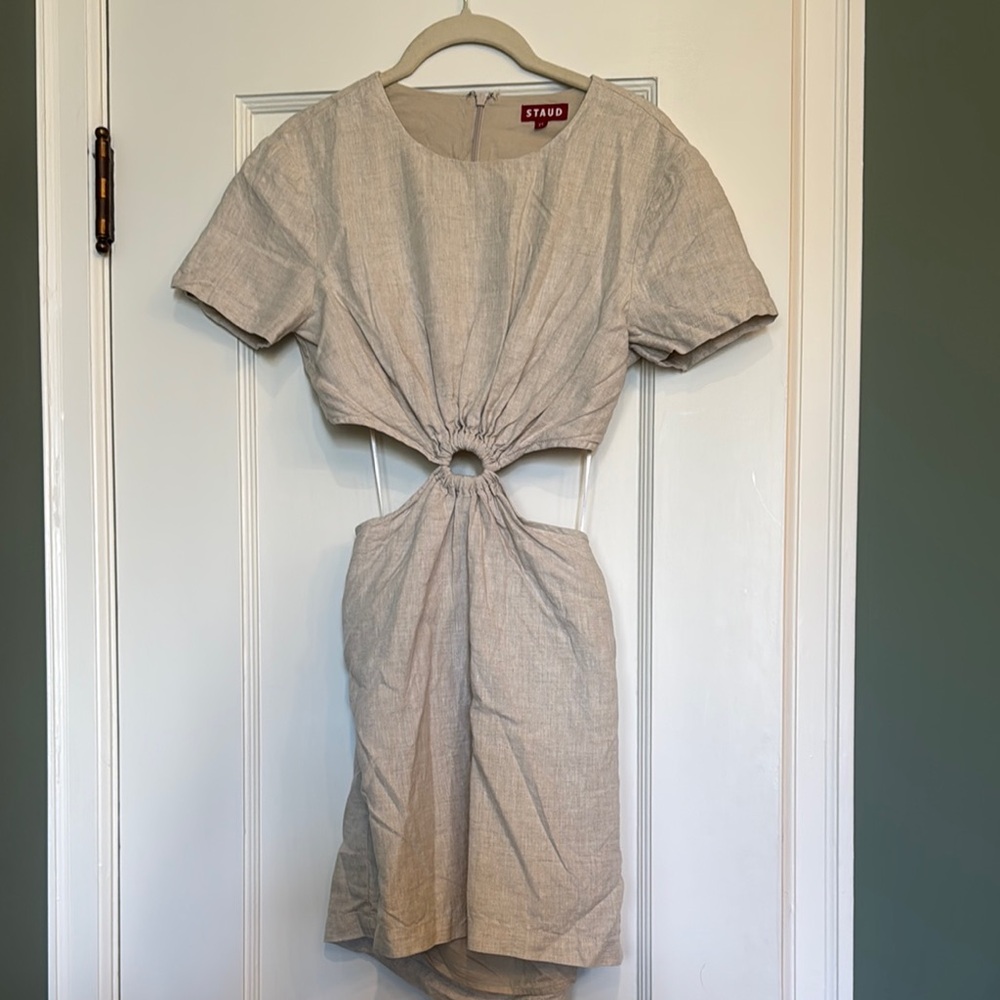 STAUD Tan Tie Front Cut-Out Mini Dress